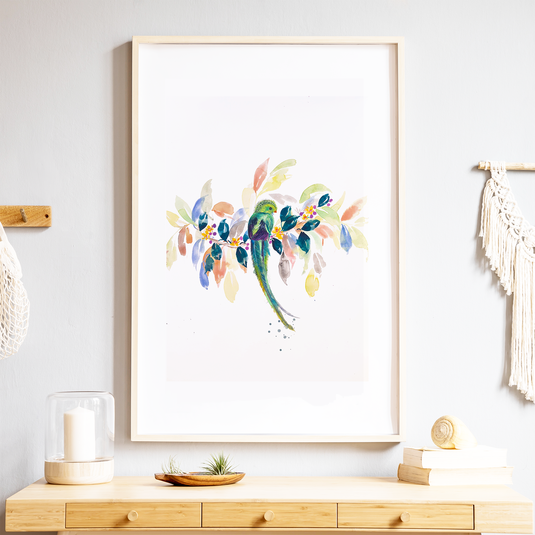 Resplendent quetzal and Paradise flycatcher | Exotic birds fine art print (Set of 2)