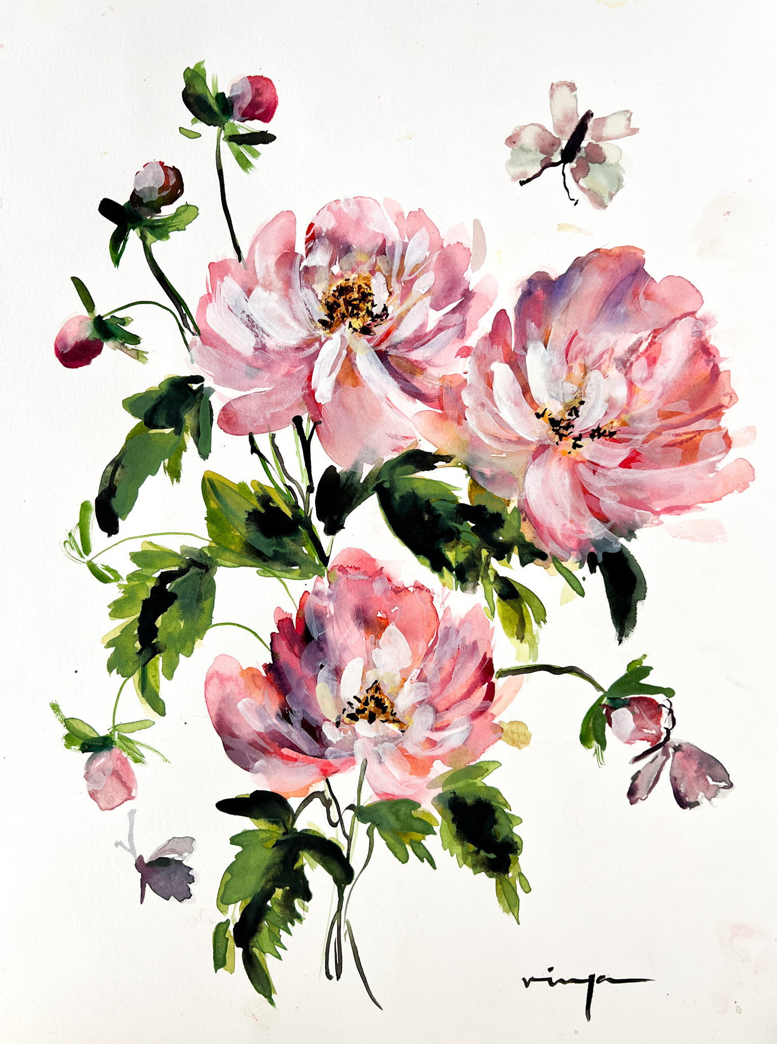 Butterflies and Peonies watercolor fine art print