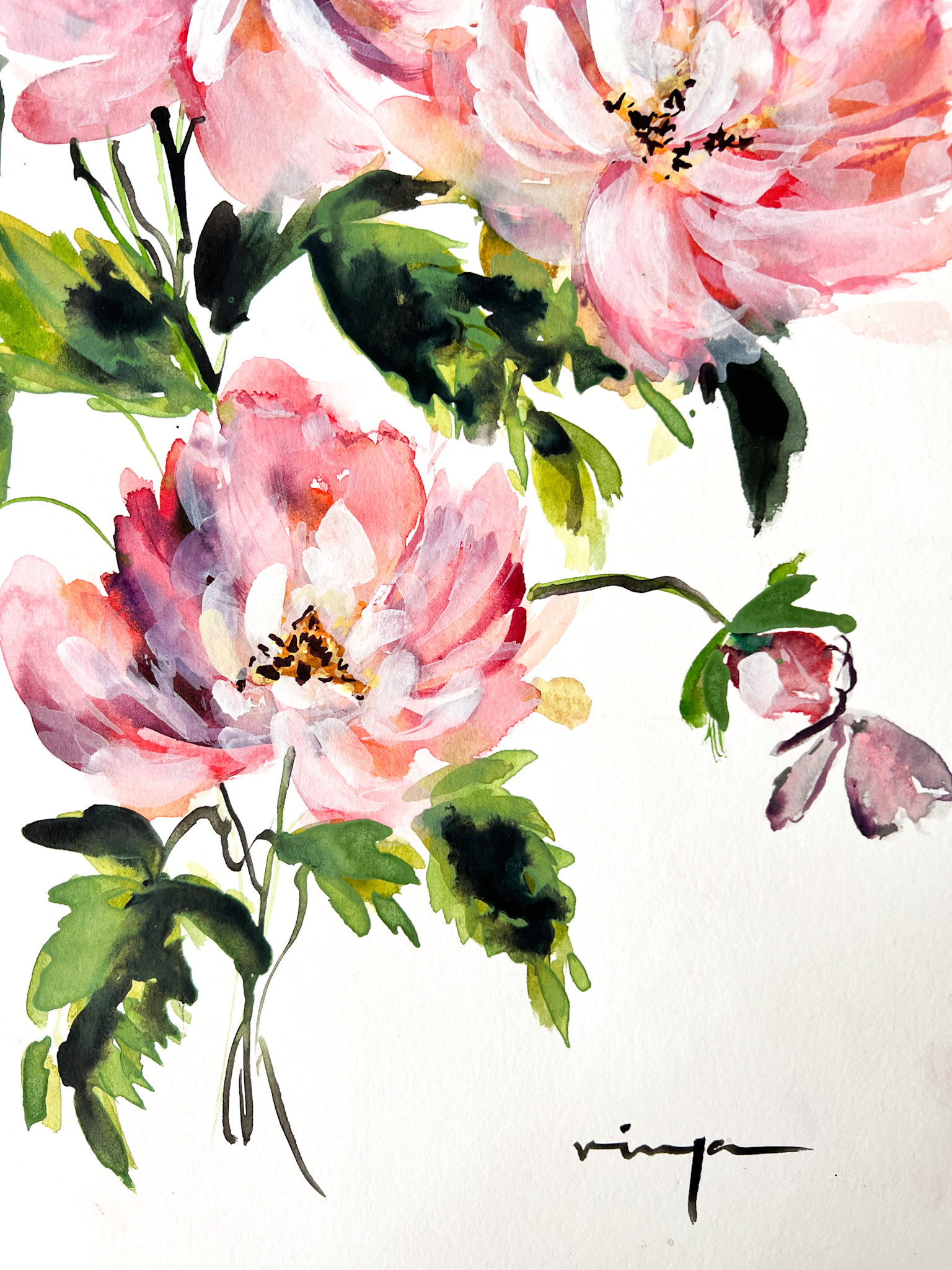 Peonies and Rose Watercolor Florals bouquet set (Set of 2) :Modern art set of 2 prints