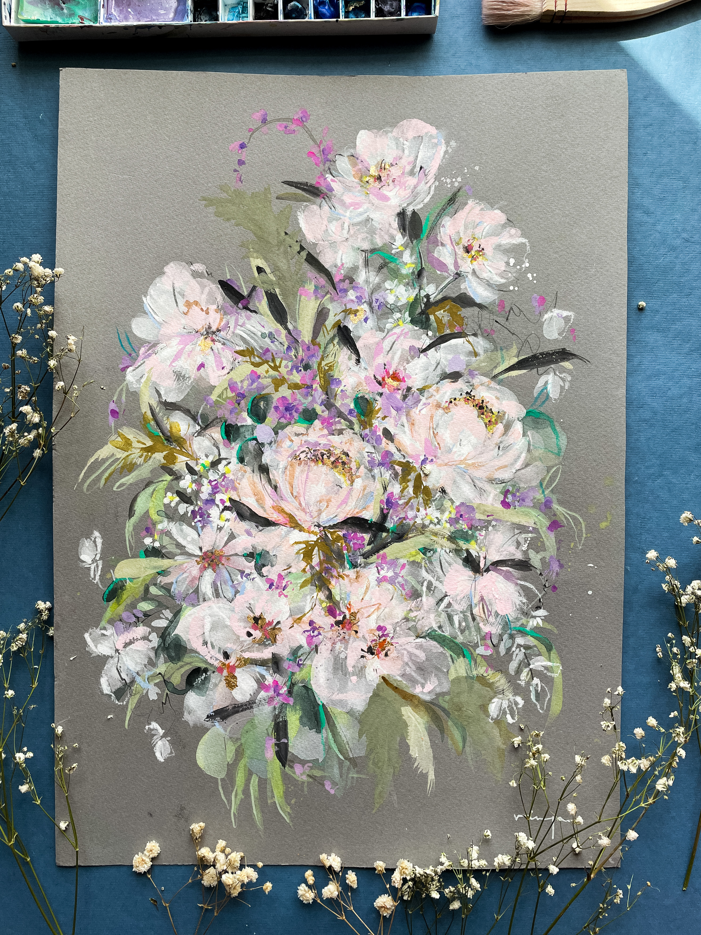 White Peony Bouquet watercolor loose floral fine art print