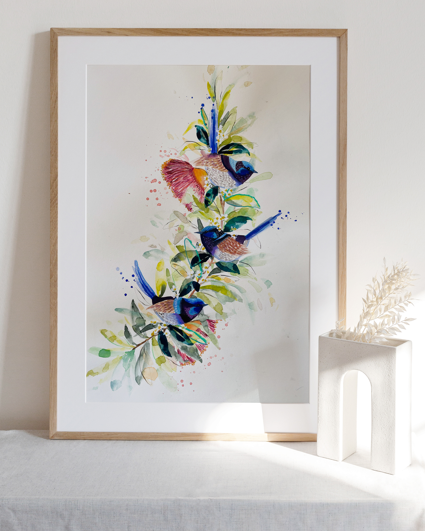 Australian natives wren and gum flower Fine art print