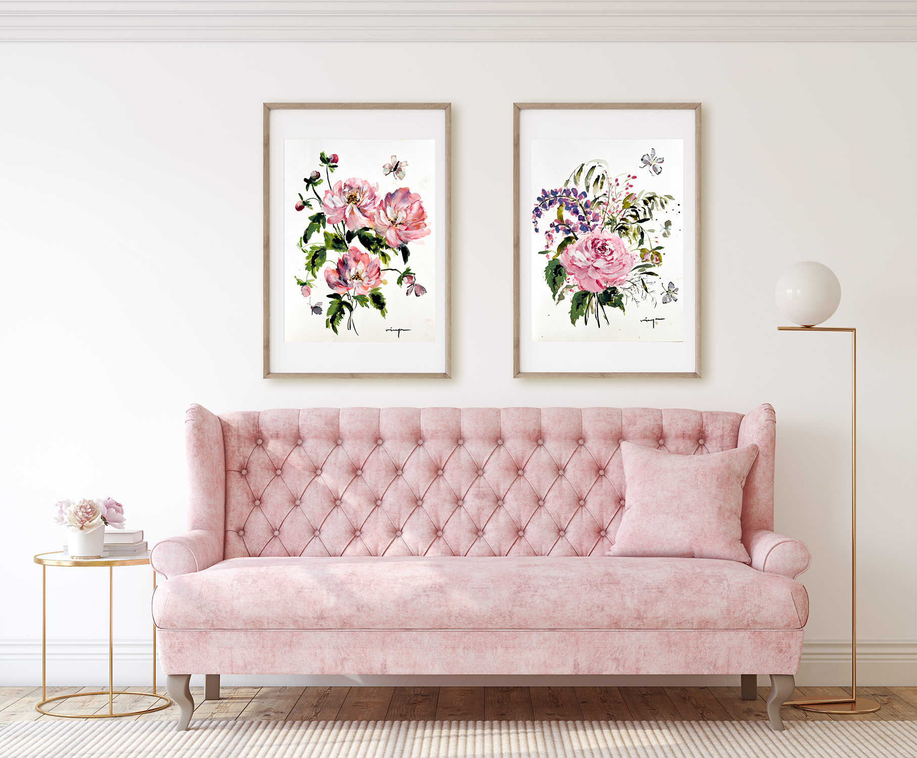 Peonies and Rose Watercolor Florals bouquet set (Set of 2) :Modern art set of 2 prints