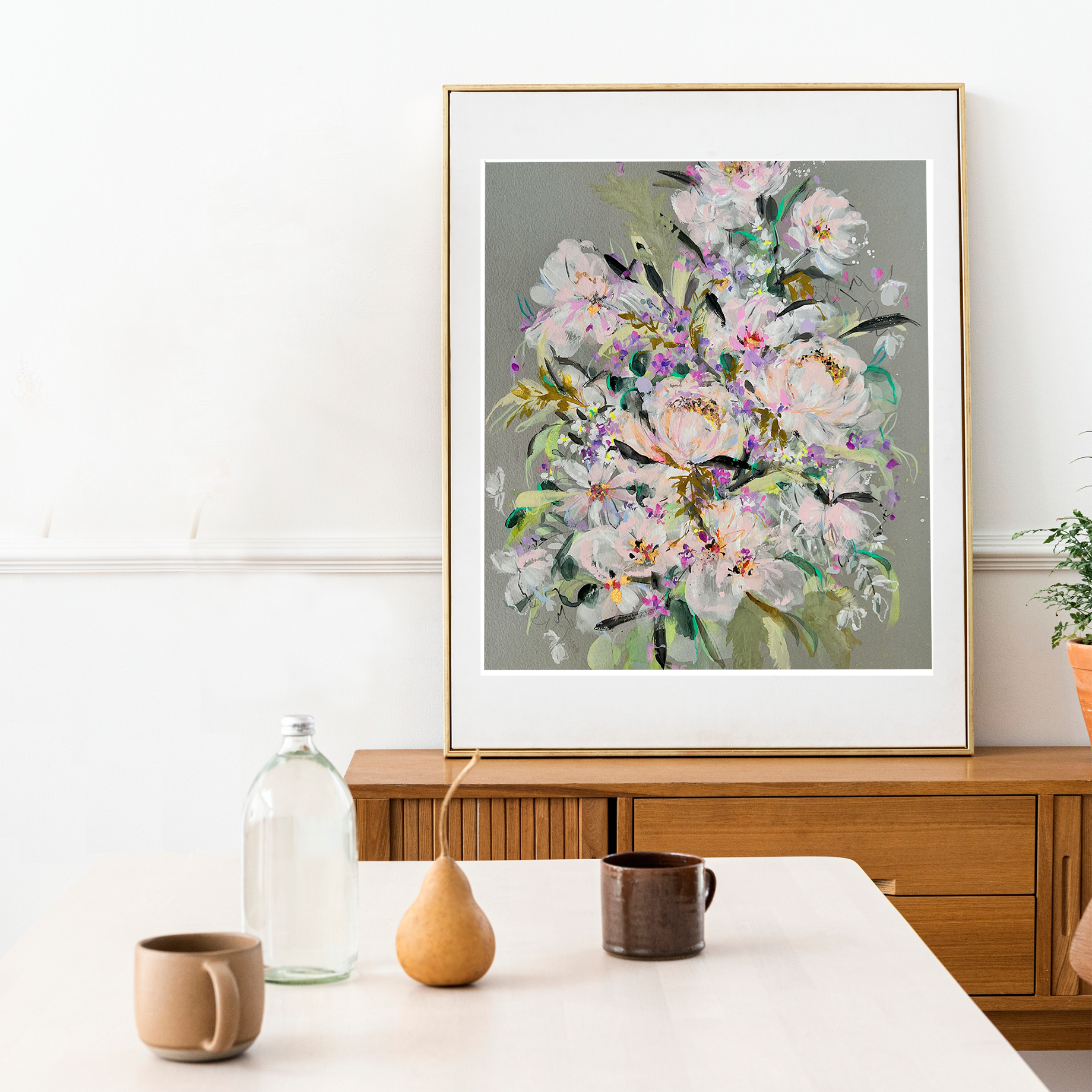 White Peony Bouquet watercolor loose floral fine art print