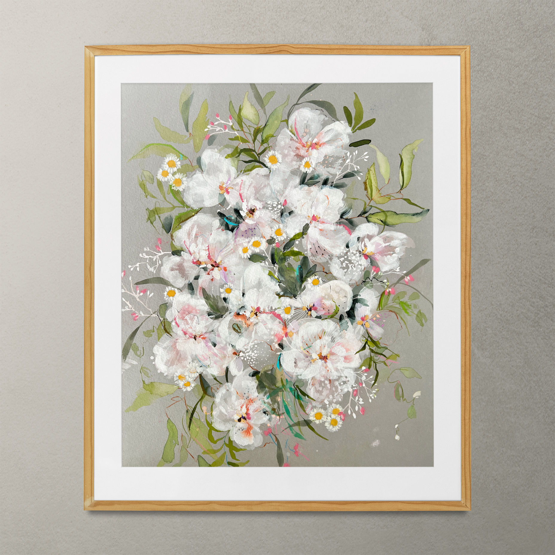 White abstract watercolor loose floral fine art print