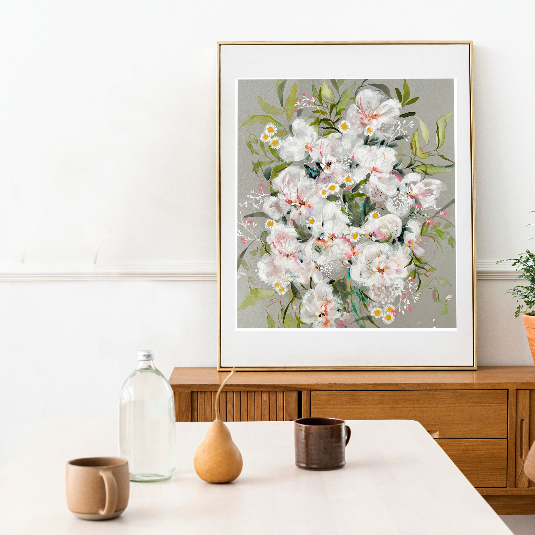 White abstract watercolor loose floral fine art print