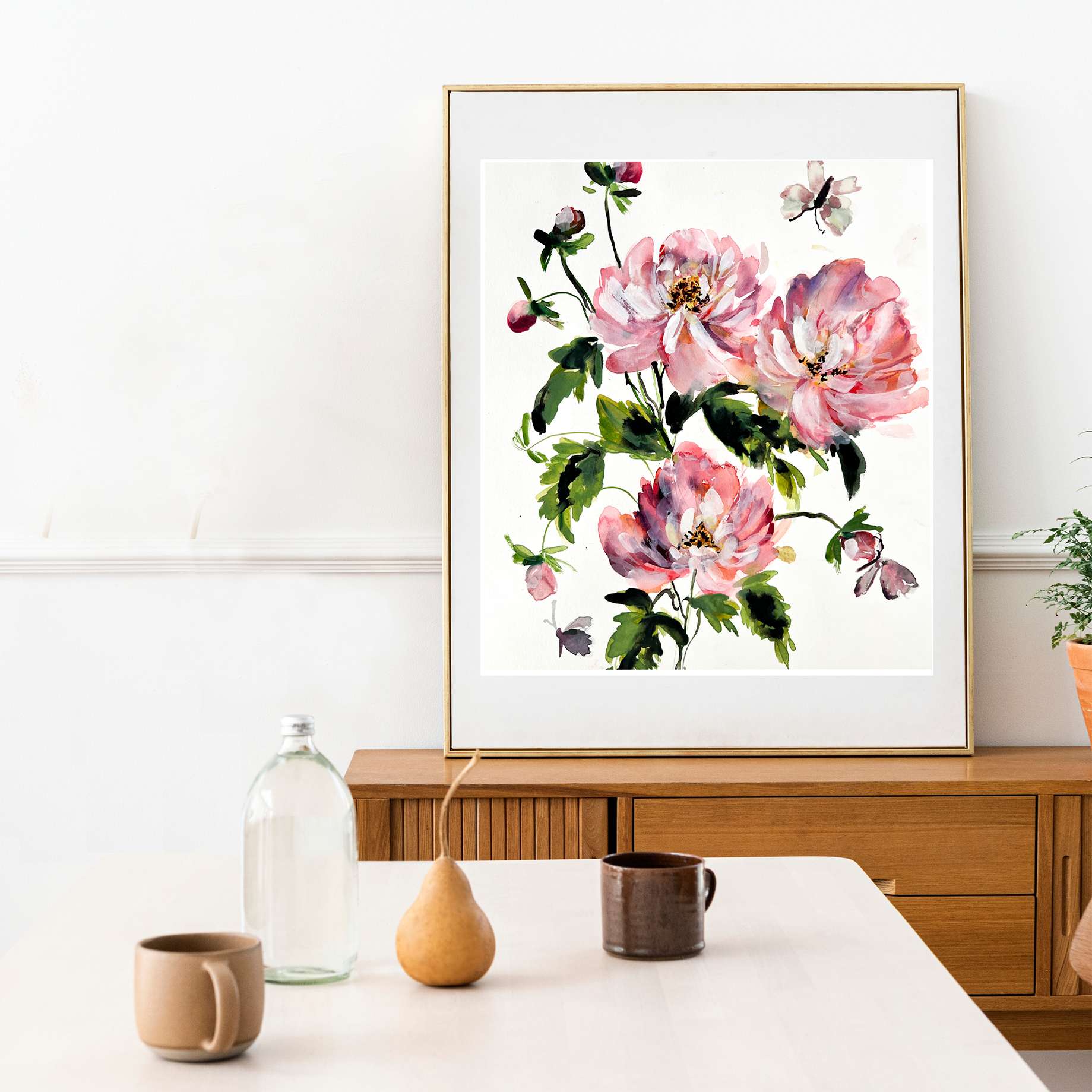 Peonies and Rose Watercolor Florals bouquet set (Set of 2) :Modern art set of 2 prints