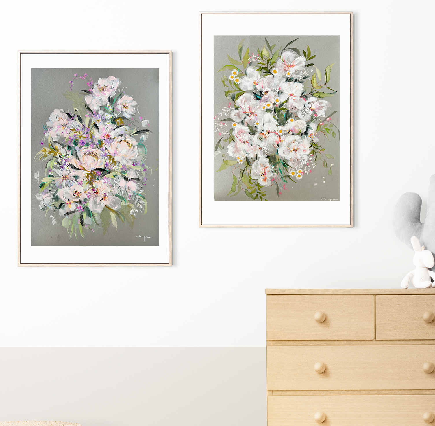 Watercolor Florals bouquet set (Set of 2) :Modern art set of 2 prints